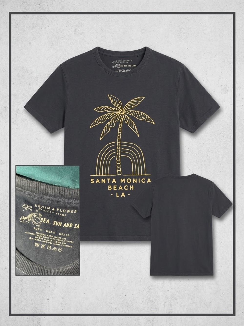 Denim & Flower Black Tee with Gold Santa Monica Beach Palm Graphic